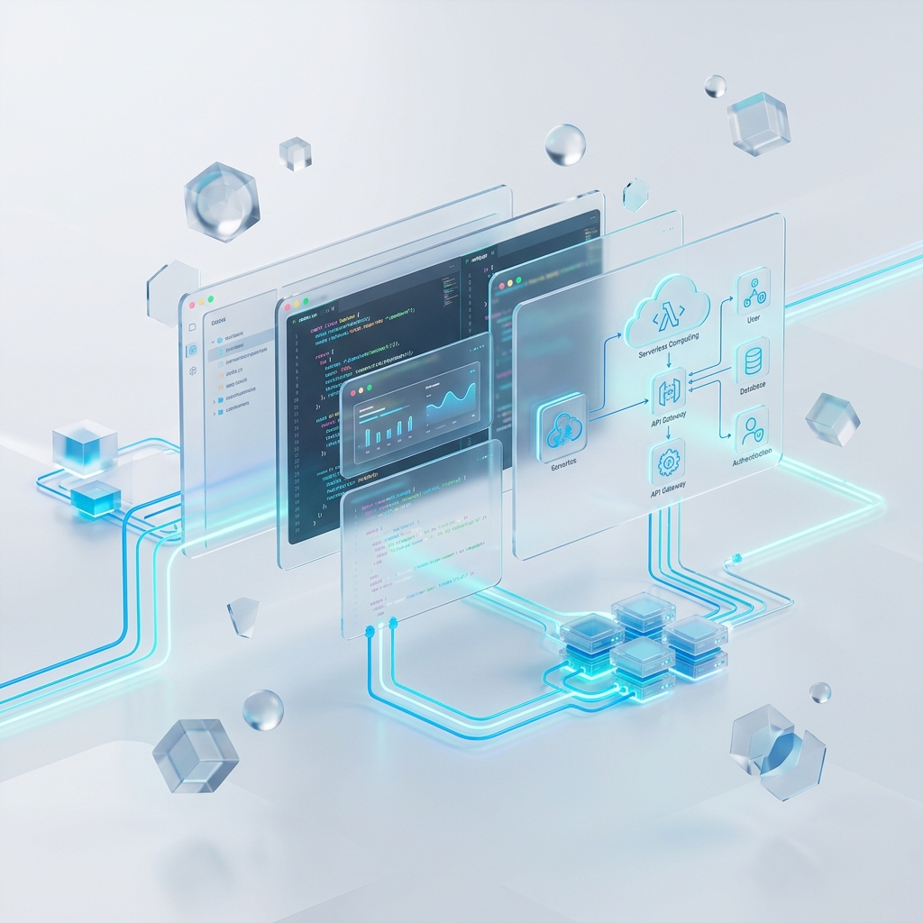 Developers with holographic code screens and cloud architecture