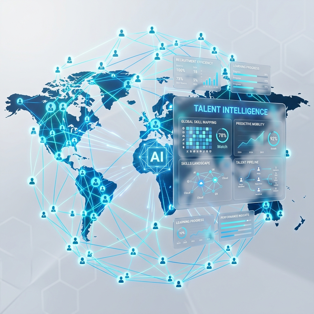 Global talent boardroom discussion with holographic dashboards